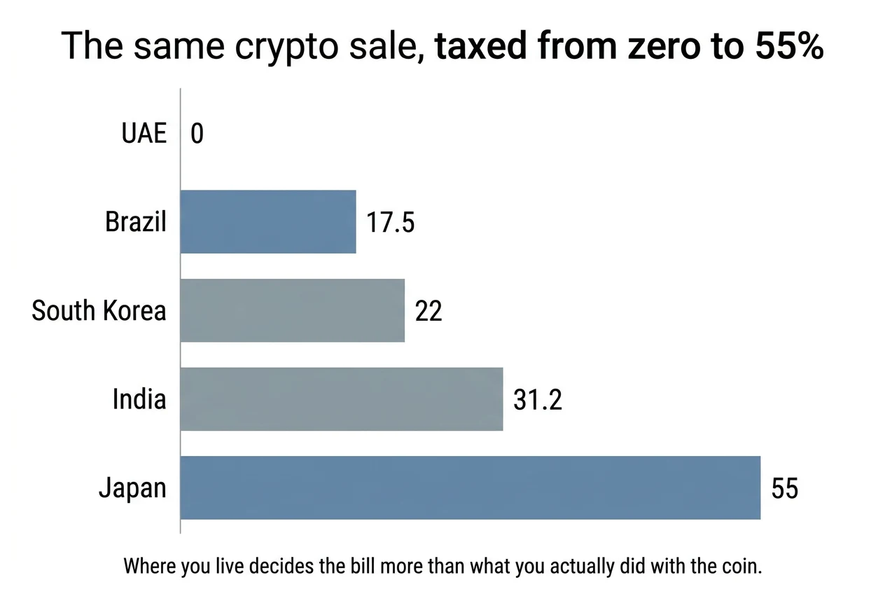 Diagram: The same crypto sale, taxed from zero to 55%. UAE, 17.5 Brazil, 22 South Korea, 31.2 India, 55 Japan