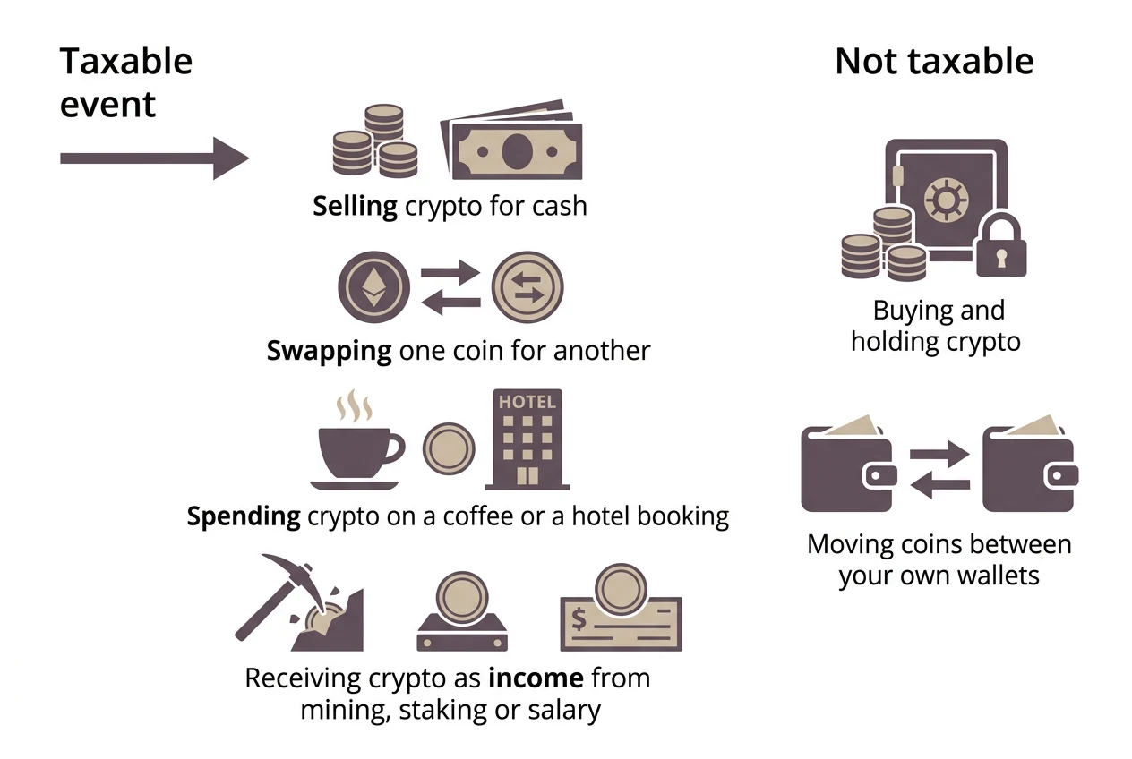 A labelled diagram splitting crypto actions into taxable events, selling, swapping, spending or receiving as income, and non taxable actions, buying and holding, or moving coins between your own wallets.