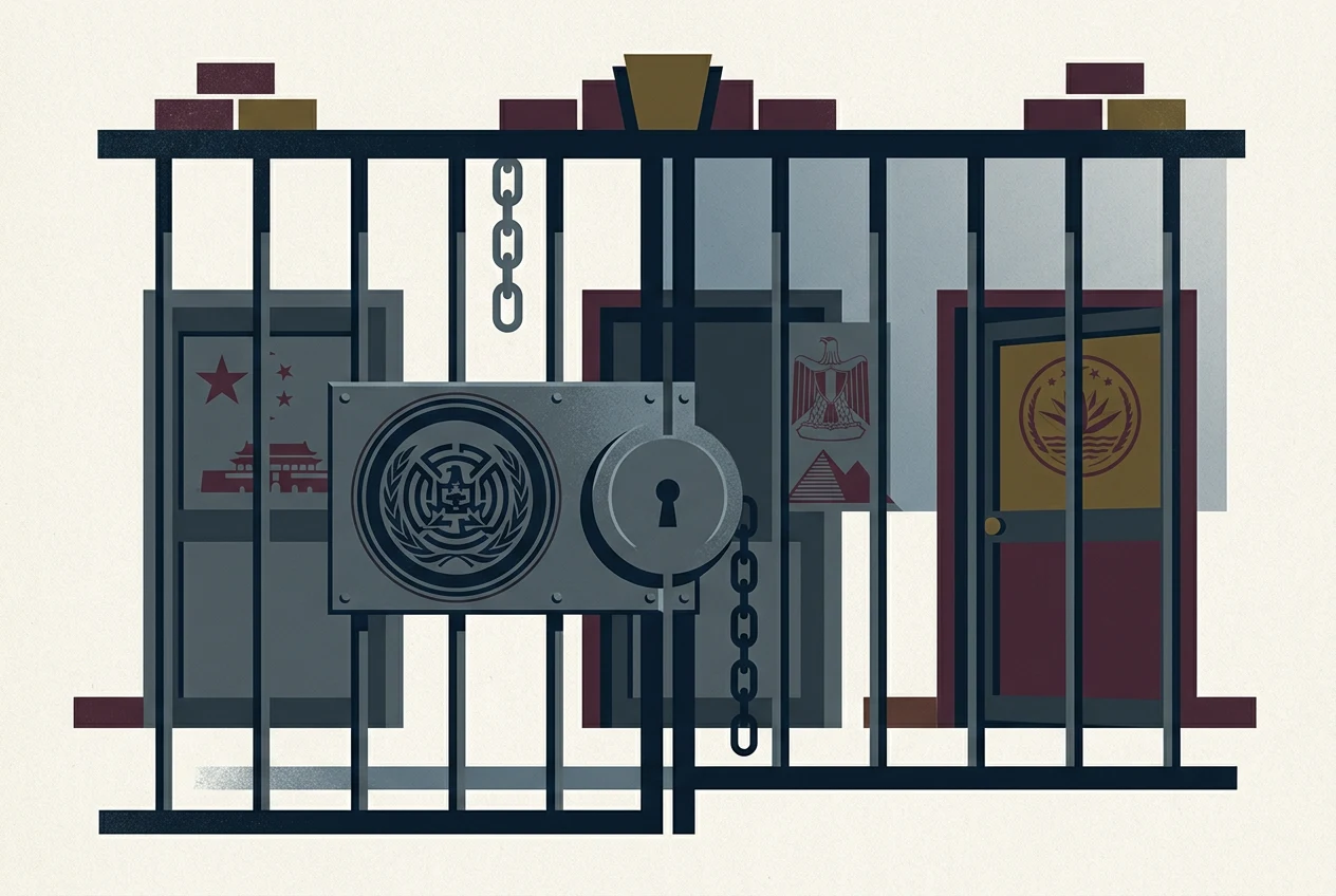 A locked gate with an official seal and three closed doors behind it, representing countries that have banned crypto trading outright instead of taxing it.