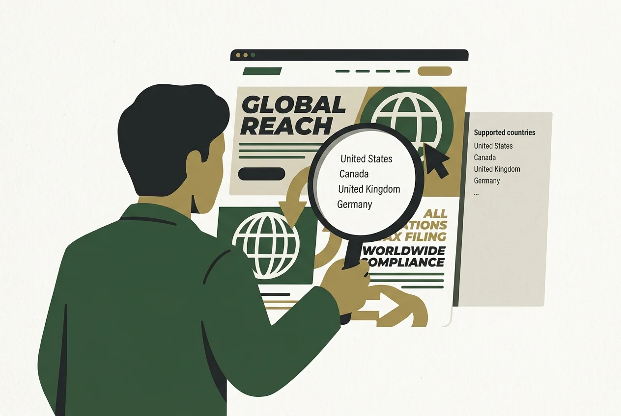 A person examining a glossy software marketing page with a magnifying glass, revealing a smaller plainer list of countries actually supported behind it.