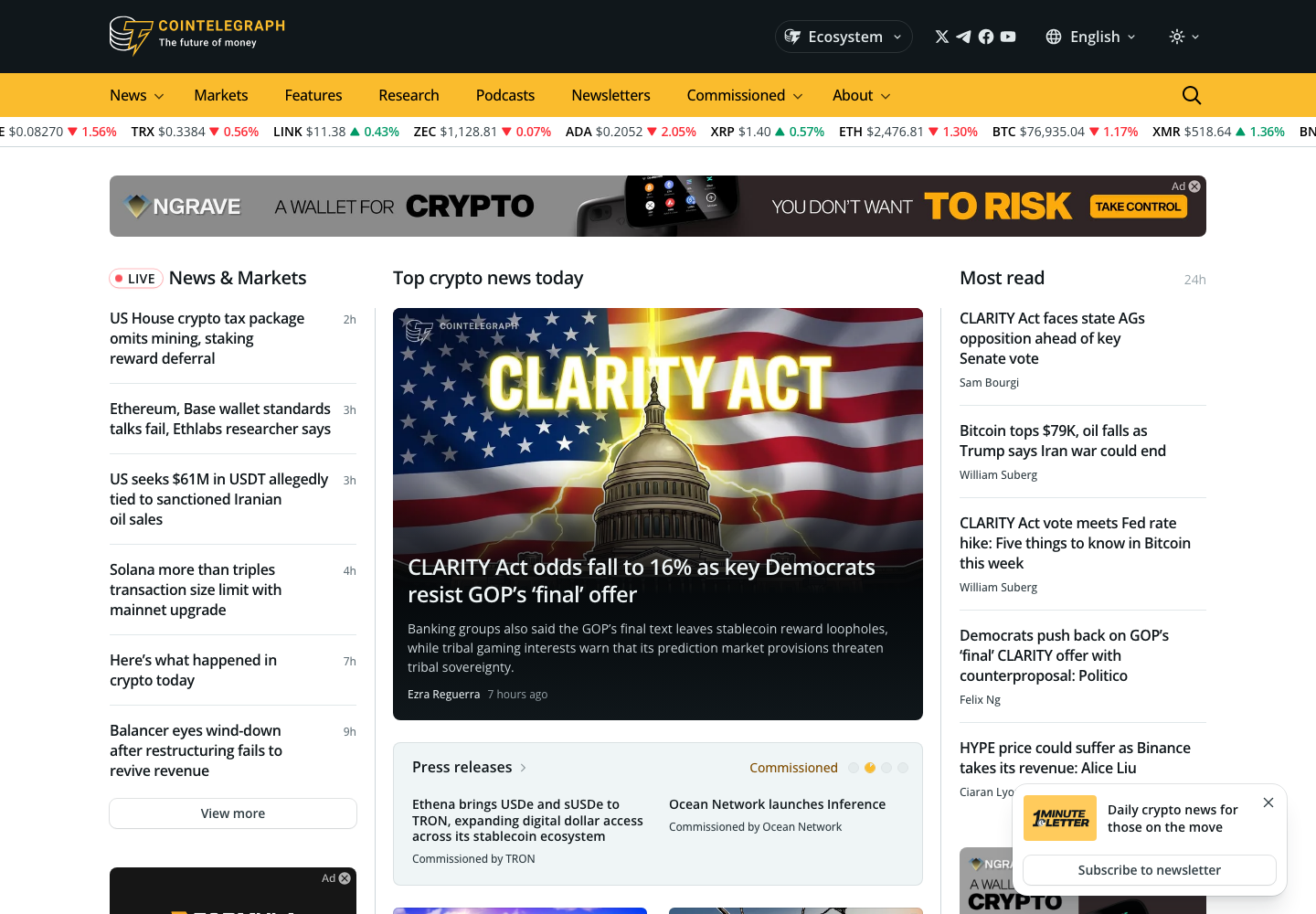 Cointelegraph's homepage, showing a live ticker of coin prices above a dark-themed grid of "Top crypto news today" stories
