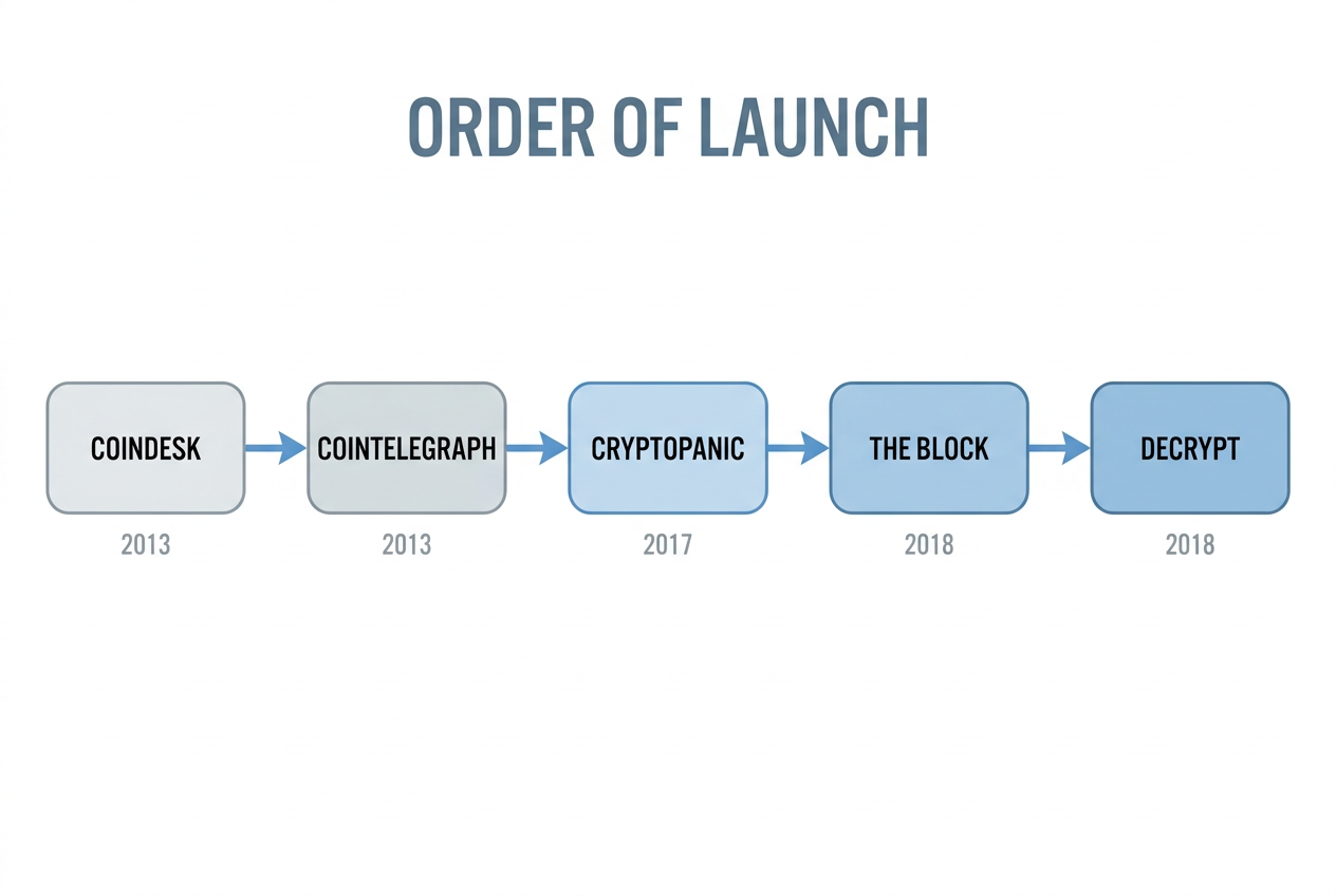Timeline: The order these five crypto news sites actually opened. 2013 CoinDesk, 2013 Cointelegraph, 2017 CryptoPanic, 2018 The Block, 2018 Decrypt