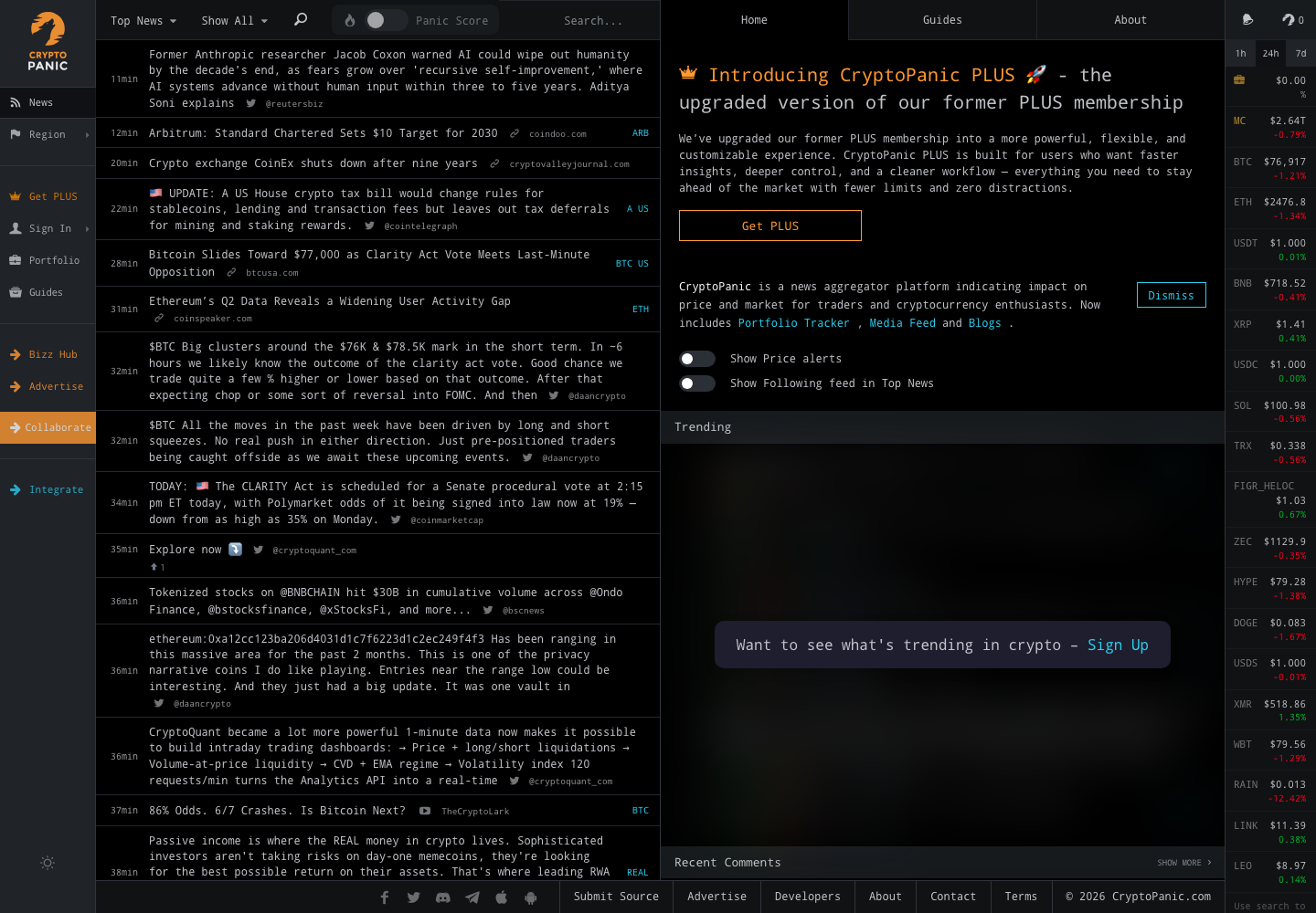 CryptoPanic's dashboard, showing a scrolling feed of headlines on the left, a "Panic Score" and live coin prices on the right, and a PLUS upgrade banner in the center