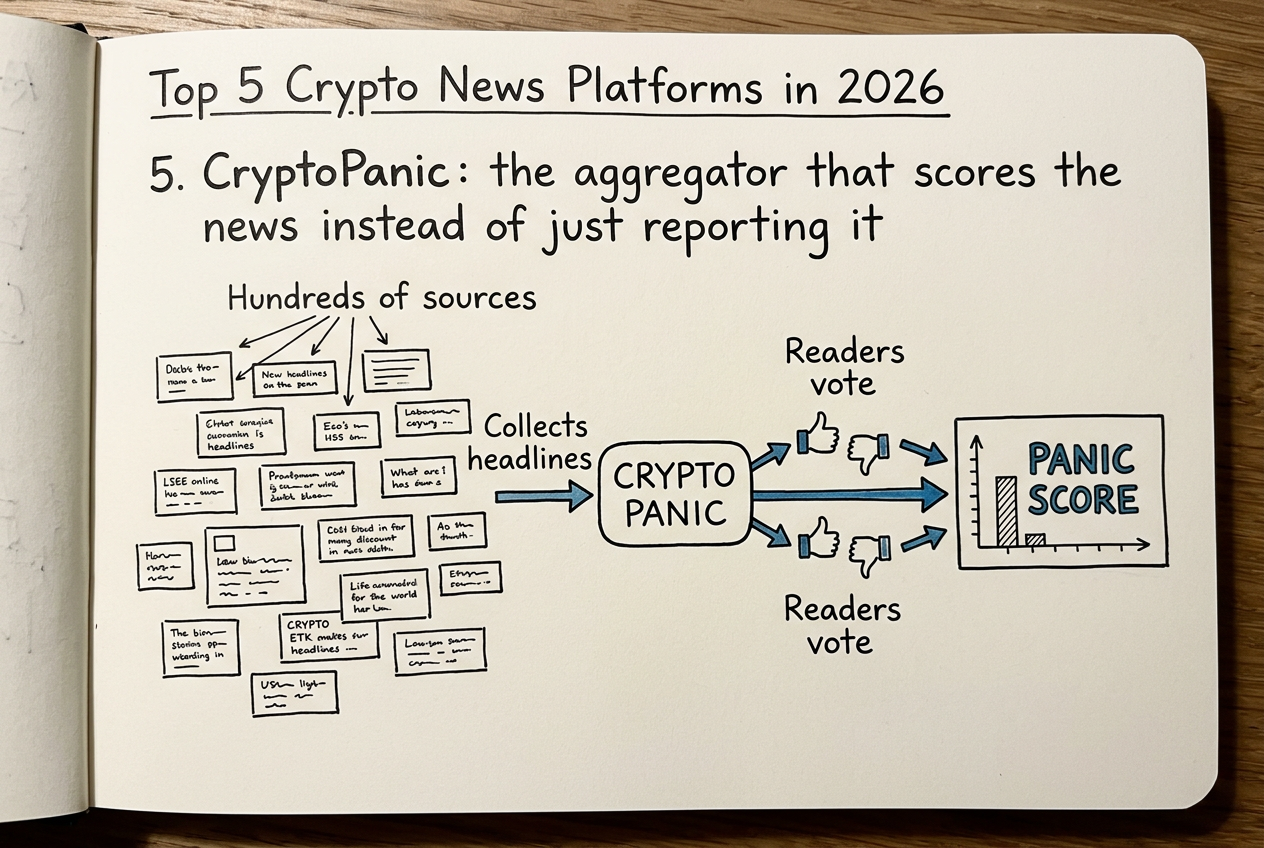 Flow diagram: How CryptoPanic turns headlines into a score. Hundreds of sources, Readers vote, Panic Score