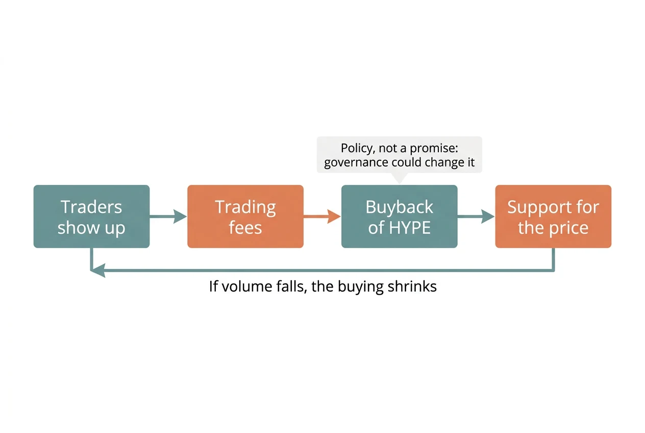 Diagram of the buyback chain: traders generate fees, fees fund buying HYPE, and buying supports the price. A note says the buyback is policy that governance could change, and a return arrow shows that falling volume shrinks the buying.