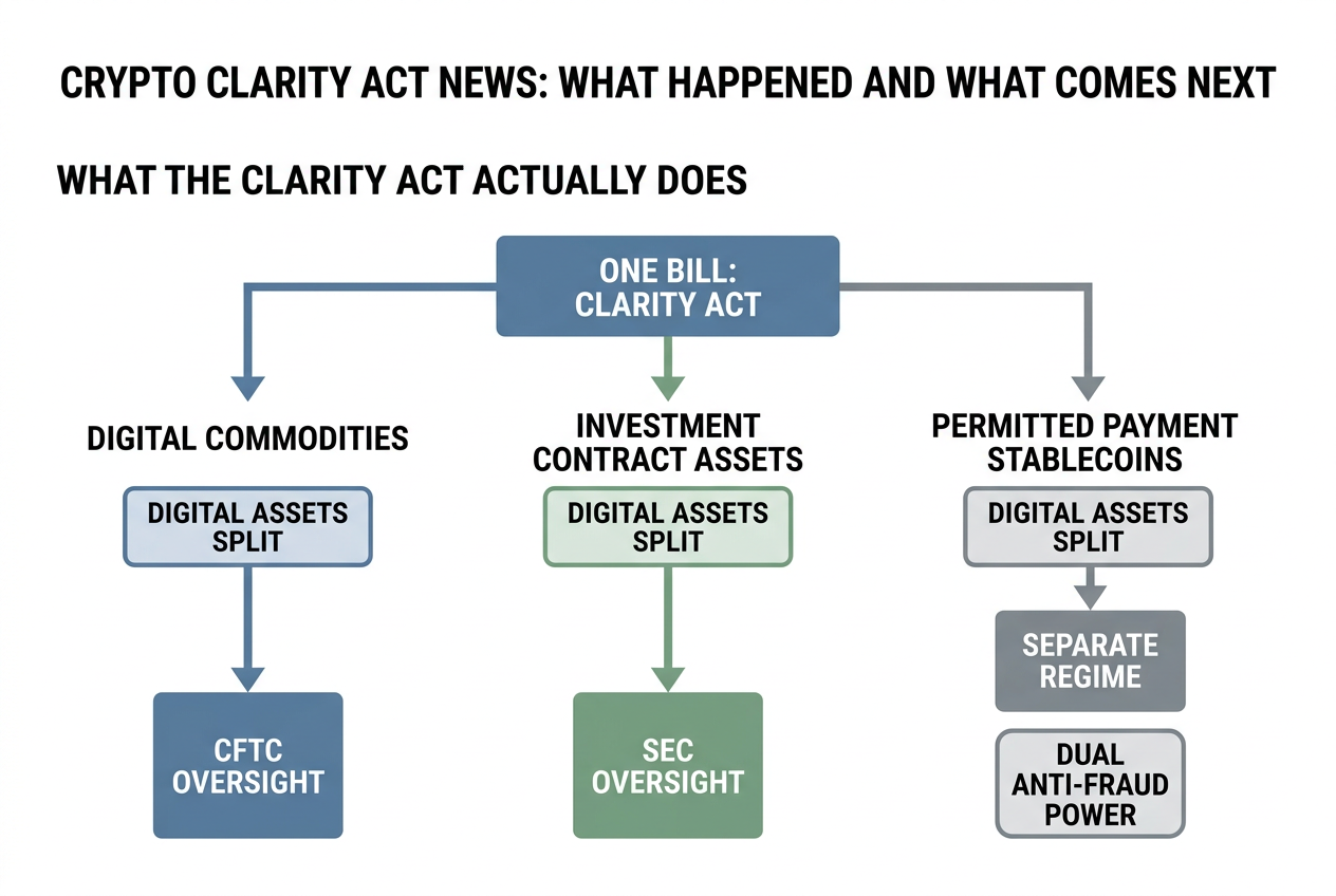 Hierarchy: One bill, three regulatory buckets. Digital assets splits into digital commodities under CFTC oversight, investment contract assets under SEC oversight, and permitted payment stablecoins under a separate regime with dual anti-fraud power